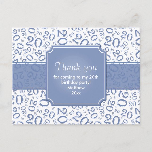 Thank You 20th Birthday Number Pattern Blue/White Postcard (Front)