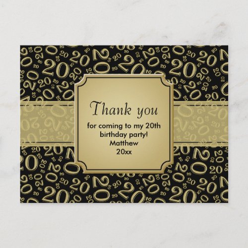 Thank You 20th Birthday Number Pattern GoldBlack Postcard