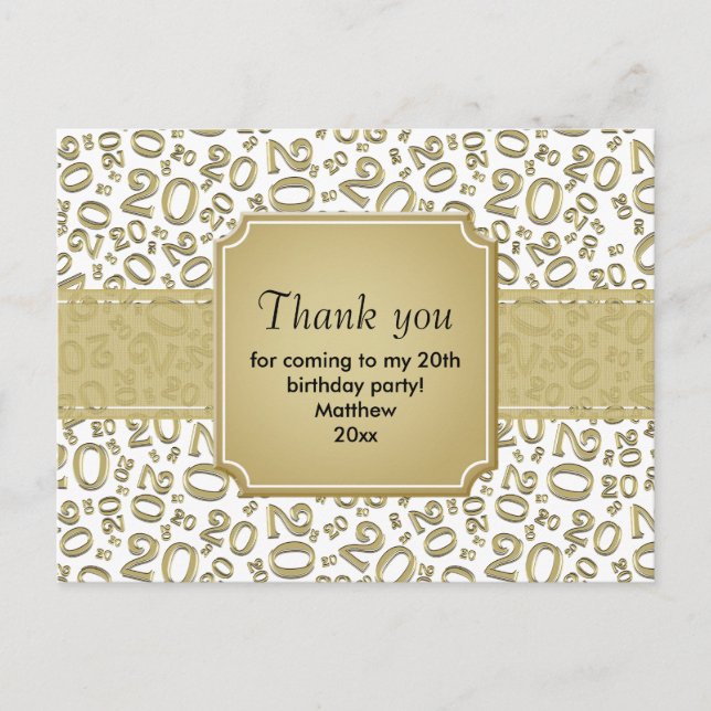 Thank You 20th Birthday Number Pattern Gold/White Postcard (Front)