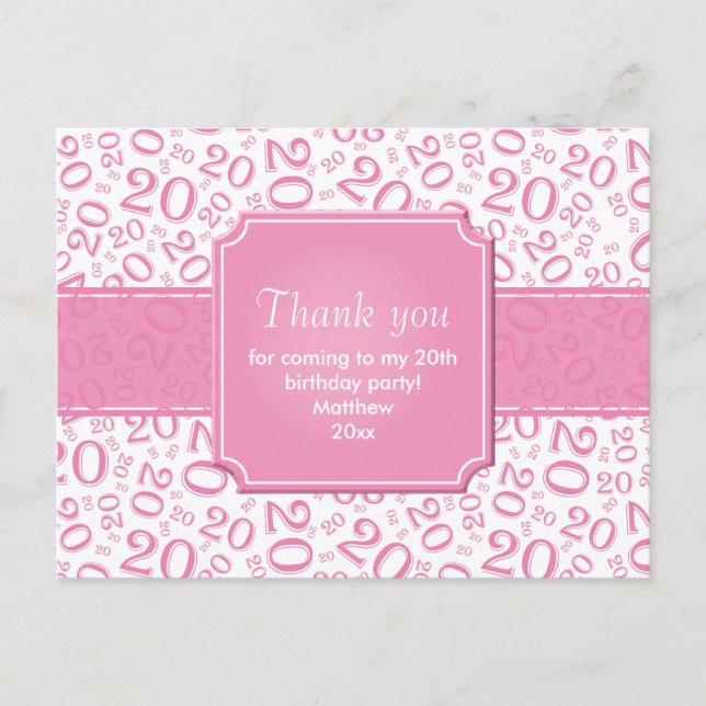 Thank You 20th Birthday Number Pattern Pink/White Postcard (Front)