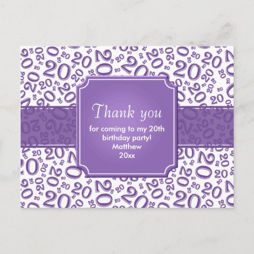 Thank You 20th Birthday Number Pattern Purple Postcard