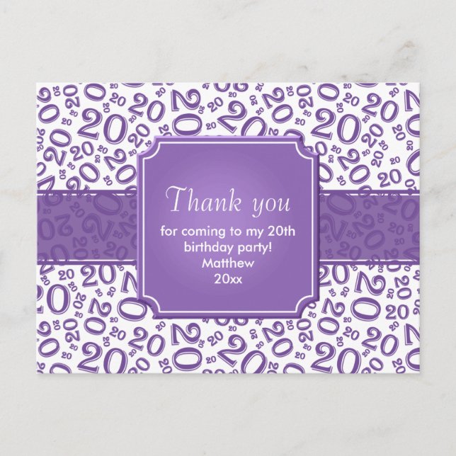 Thank You 20th Birthday Number Pattern Purple Postcard (Front)