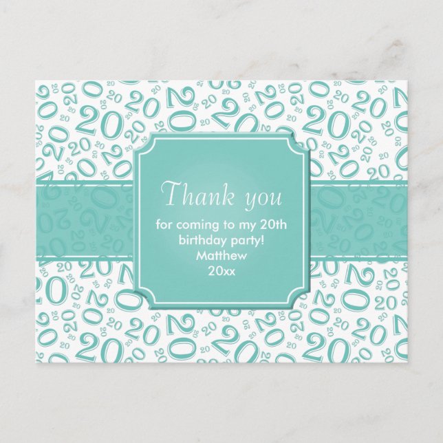 Thank You 20th Birthday Number Pattern Teal/White Postcard (Front)