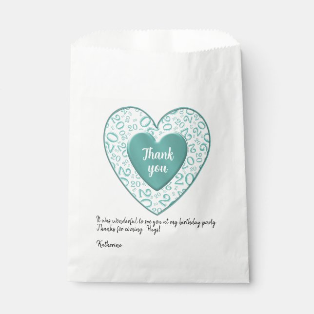 Thank you: 20th Teal Heart Random Number Pattern Favor Bag (Front)