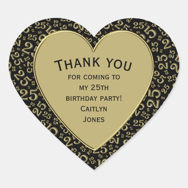 Thank you: 25th Birthday Black/Gold Number Pattern Heart Sticker (Front)