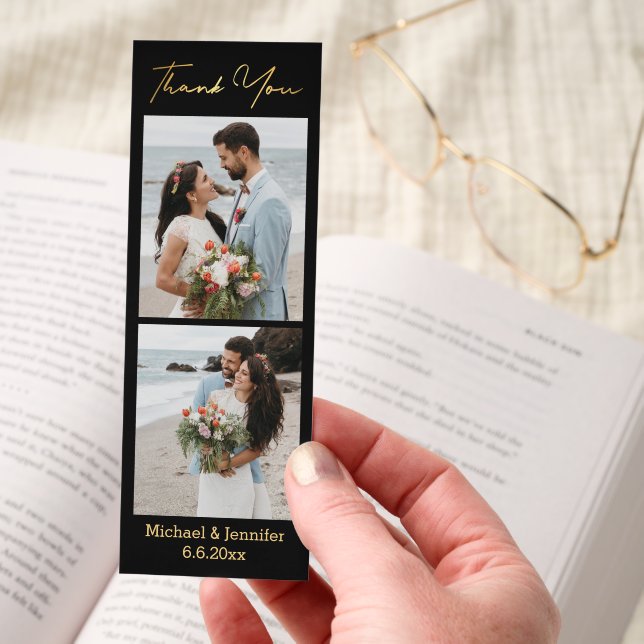 thank you, 2 photos black gold wedding favors bookmarks (Hand)