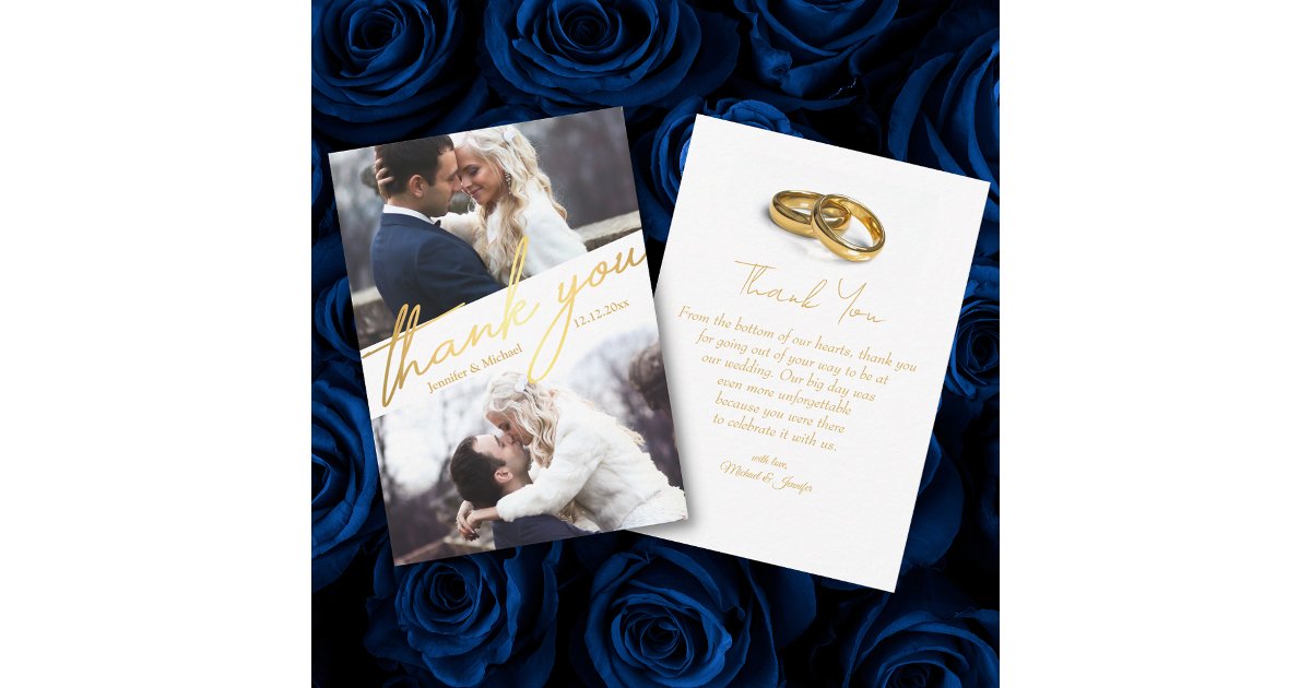 thank you 2 photos collage geometric gold wedding note card | Zazzle