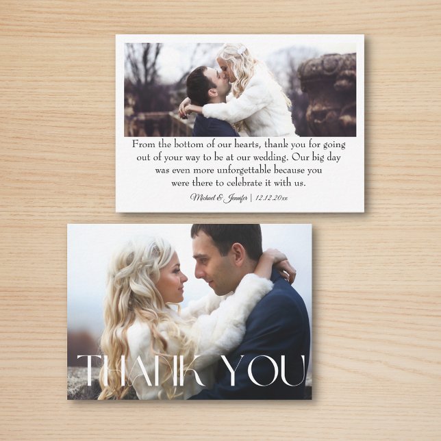 thank you 2 photos white chic typography wedding  note card (Creator Uploaded)