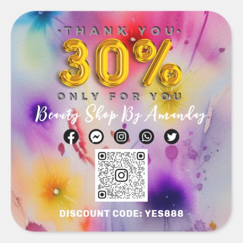 Thank You  30 Off QRCODE Logo Discount Flowers Square Sticker