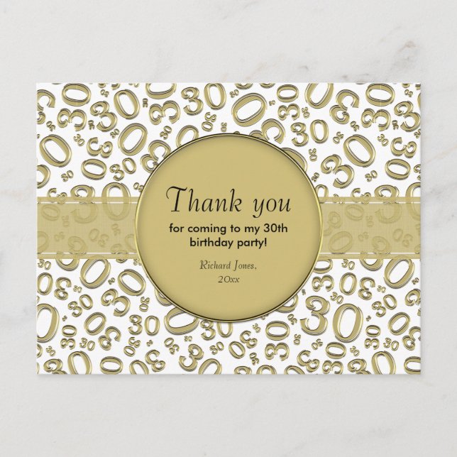Thank You 30 Random Number Pattern Gold/White Postcard (Front)