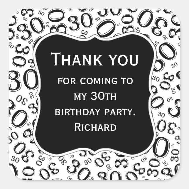 Thank you: 30th Birthday Black Number Pattern Square Sticker (Front)