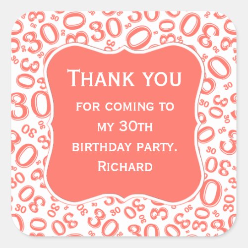 Thank you 30th Birthday Coral Number Pattern Square Sticker