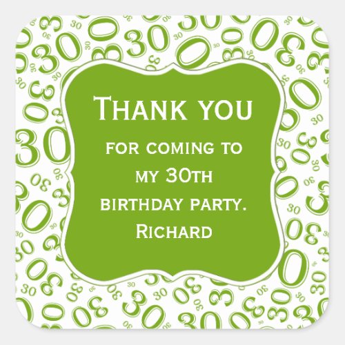 Thank you 30th Birthday Green Number Pattern Square Sticker