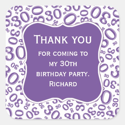 Thank you 30th Birthday Purple Number Pattern Square Sticker