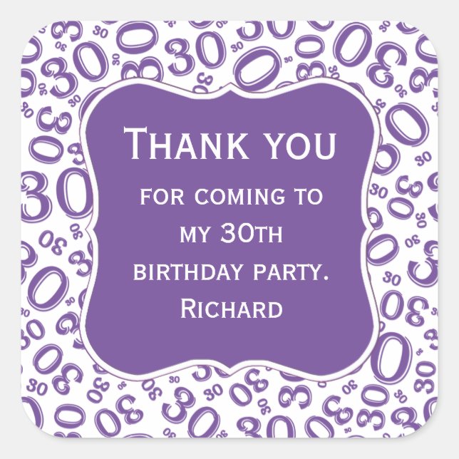 Thank you: 30th Birthday Purple Number Pattern Square Sticker (Front)
