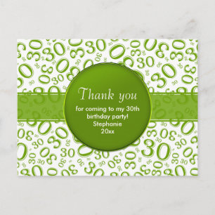 Thank You 30th Green/White Birthday Number Pattern Postcard