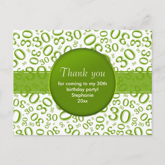 Thank You 30th Green/White Birthday Number Pattern Postcard (Front)