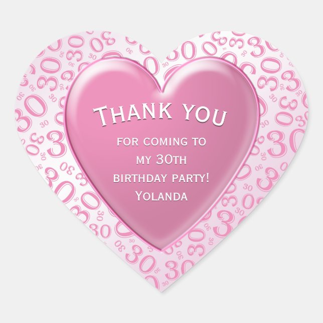 Thank you - 30th Pattern Pink and White Heart Heart Sticker (Front)