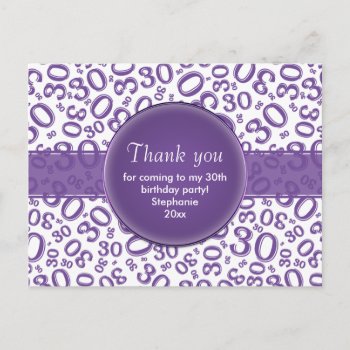Thank You 30th Purple/white Birthday Pattern Postcard by NancyTrippPhotoGifts at Zazzle