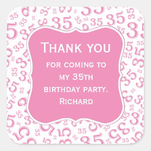 Thank you 35th Birthday PinkWhite Pattern Square Sticker