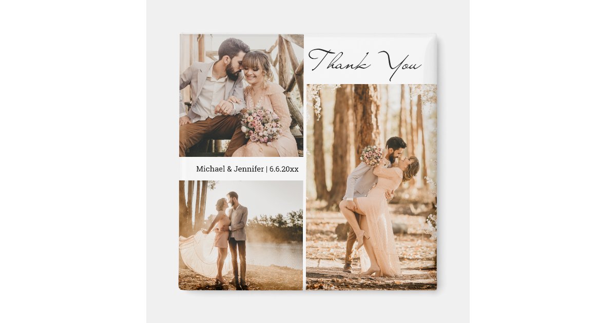 thank you 3 photos collage wedding stylish magnet | Zazzle