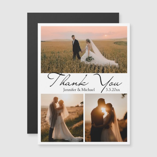thank you 3 photos modern script wedding magnet (Front/Back)