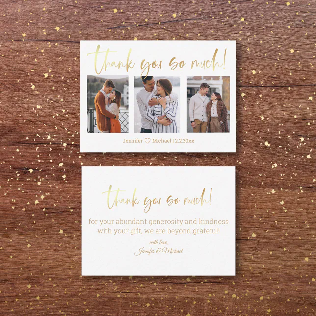 thank you 3 photos wedding collage minimalist gold note card | Zazzle