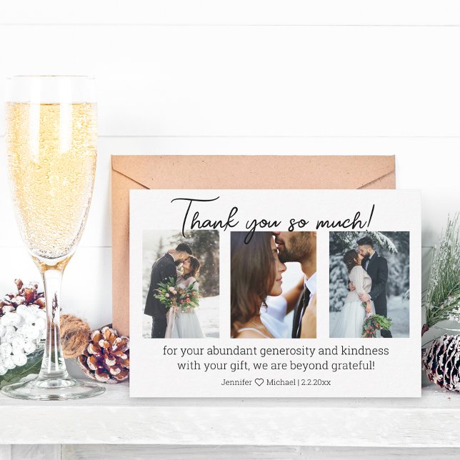 thank you 3 photos winter wedding collage minimal note card (Creator Uploaded)