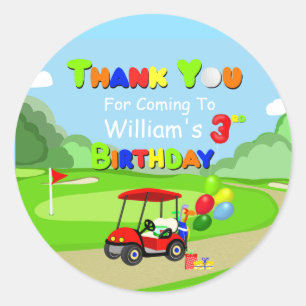 Thank You 3rd Birthday Red Golf Cart Boy's Classic Round Sticker