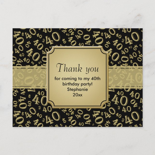 Thank You 40 Number Pattern Black/Gold Postcard (Front)
