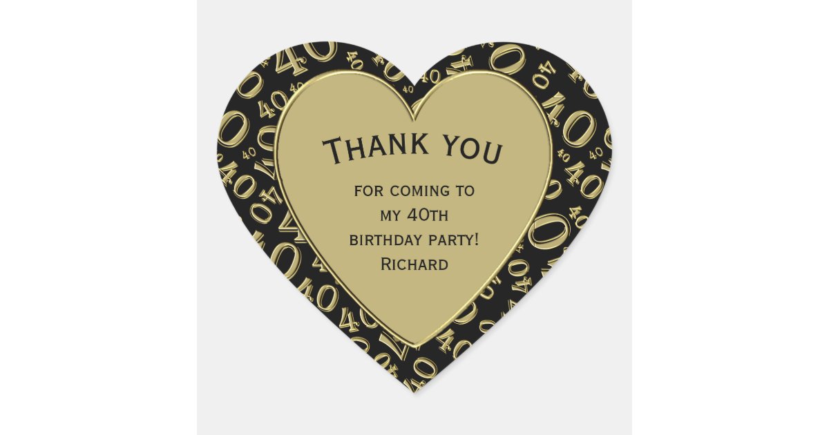 Thank you 40th Birthday Black and Gold Heart Heart