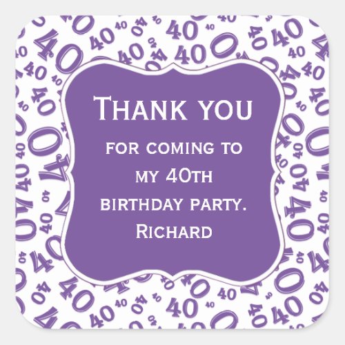 Thank you 40th Birthday PurpleWhite Pattern Square Sticker