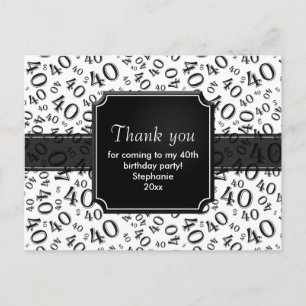 Thank You 40th Black/White Birthday Number Pattern Postcard