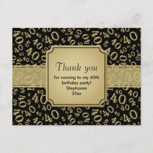 Thank You 40th Gold/Black Birthday Number Pattern Postcard