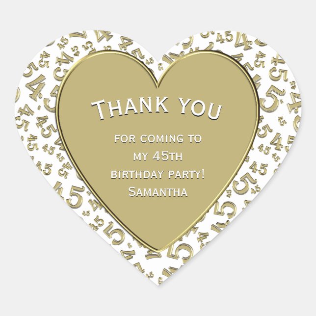 Thank you - 45th Birthday Gold and White Heart Heart Sticker (Front)