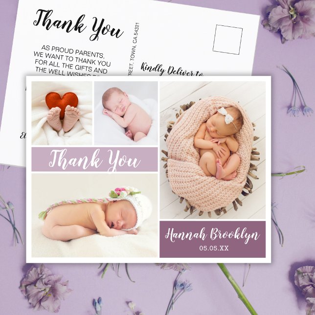 Thank You 4 Photo Collage Birth  Announcement Postcard (Creator Uploaded)