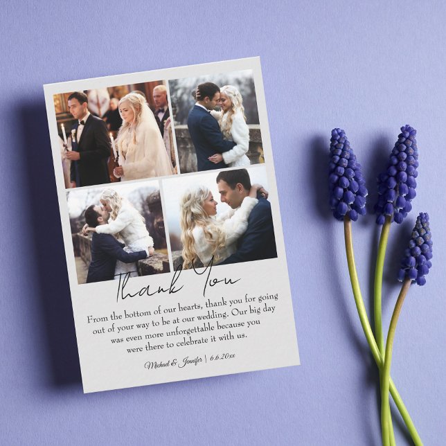 thank you 4 photos collage minimal chic wedding  note card (Creator Uploaded)
