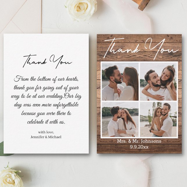 thank you 4 photos collage rustic wood wedding note card (Creator Uploaded)
