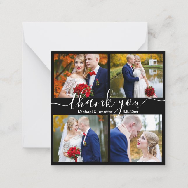 thank you, 4 photos wedding black and white note card (Front)
