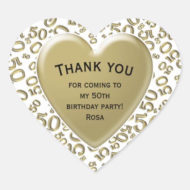Thank you: 50 Number Pattern White and Gold Heart Sticker (Front)