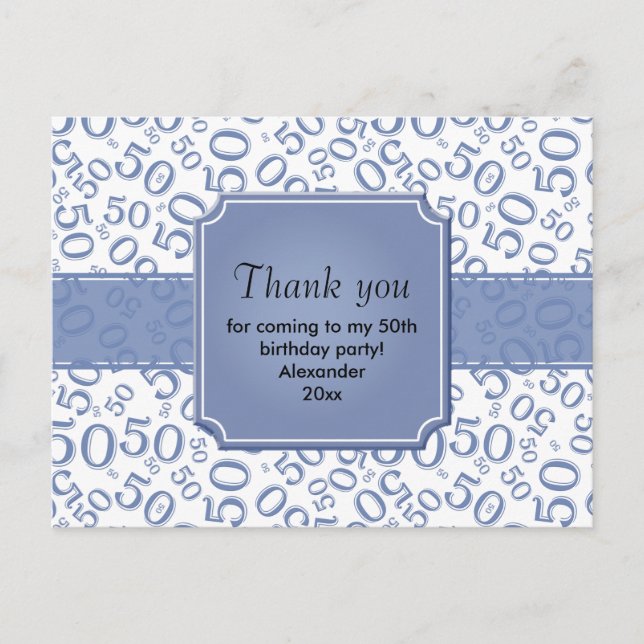Thank You 50 Random Number Pattern Blue/White Postcard (Front)