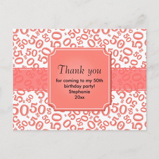 Thank You 50 Random Number Pattern Coral/White Postcard (Front)