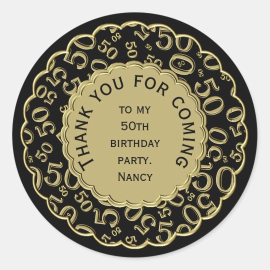 Thank You 50th Birthday Black And Gold Theme Classic Round Sticker