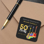 Thank You 50th birthday Guitar Rocks 50 Square Sticker<br><div class="desc">50 Rocks 50th birthday party thank you sticker with three cool watercolor guitar designs on black background. An electric guitar with Fire flame pattern and red pick guard, a multicolored semi acoustic guitar and a psychedelic classic acoustic guitar art illustration with personalized black and gold modern cool typography. This easy...</div>