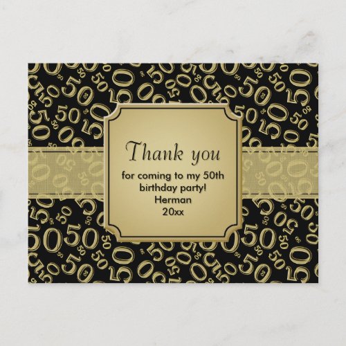 Thank You 50th Birthday Number Pattern GoldBlack Postcard