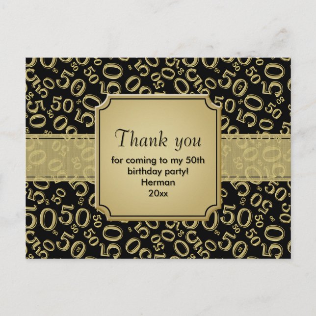 Thank You 50th Birthday Number Pattern Gold/Black Postcard (Front)