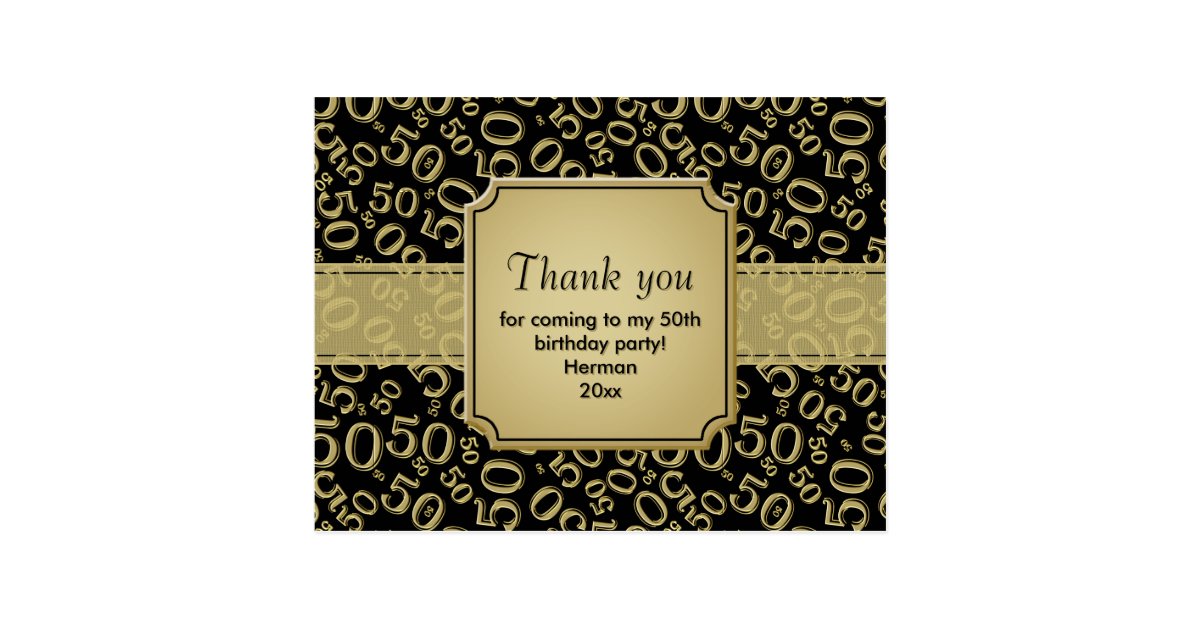 thank-you-50th-birthday-number-pattern-gold-black-postcard-zazzle