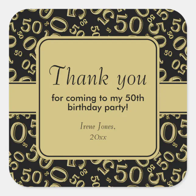 Thank You 50th Birthday Number Pattern Gold/Black Square Sticker | Zazzle