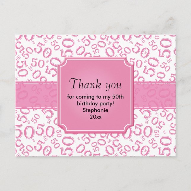 Thank You: 50th Birthday Number Pattern Pink/White Postcard (Front)