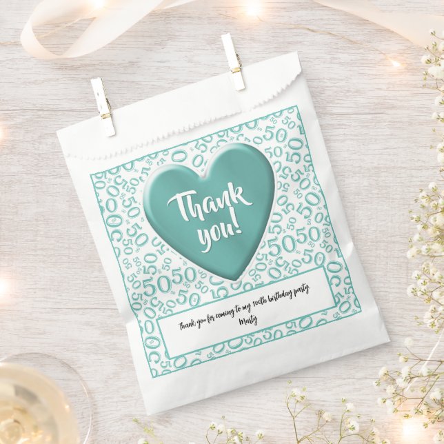 Thank You 50th Random Number Pattern Teal/White Favor Bag (Clipped)